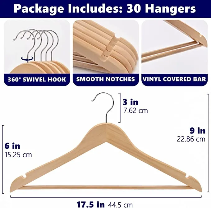 30-Pack Solid Wood Hangers with Chrome Hooks, 17.5 inch