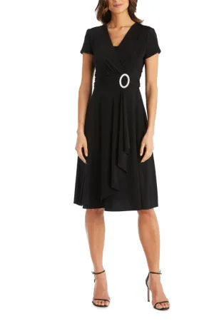 BLACK Short Sleeve Ruched Waist A-Line Dress 1149