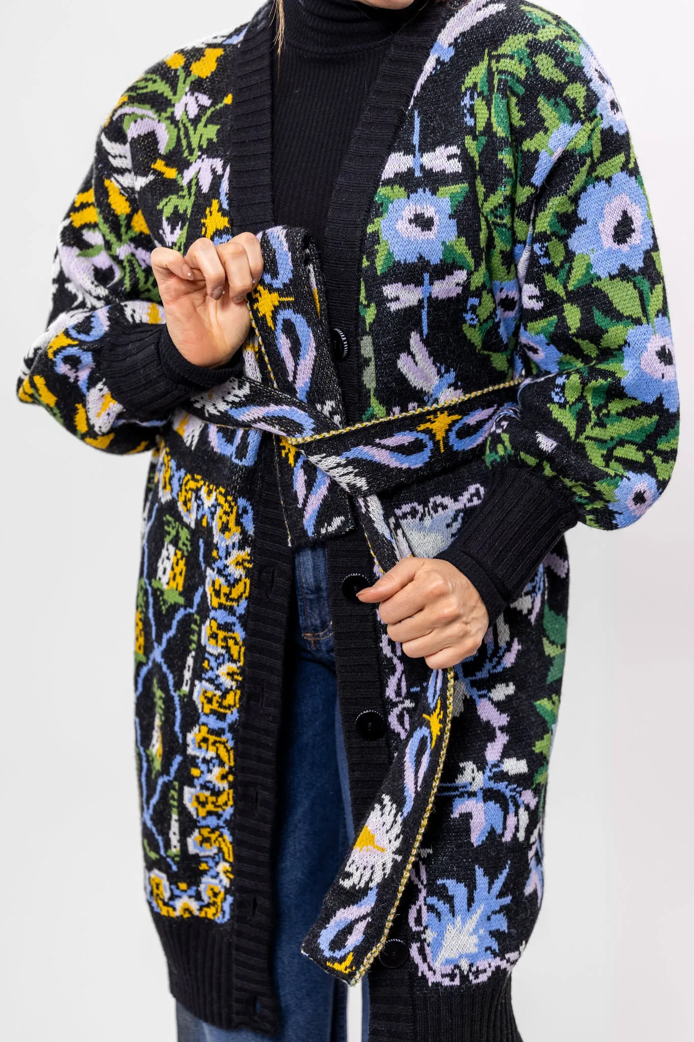Black Winter Garden Knit Midi Cardigan
