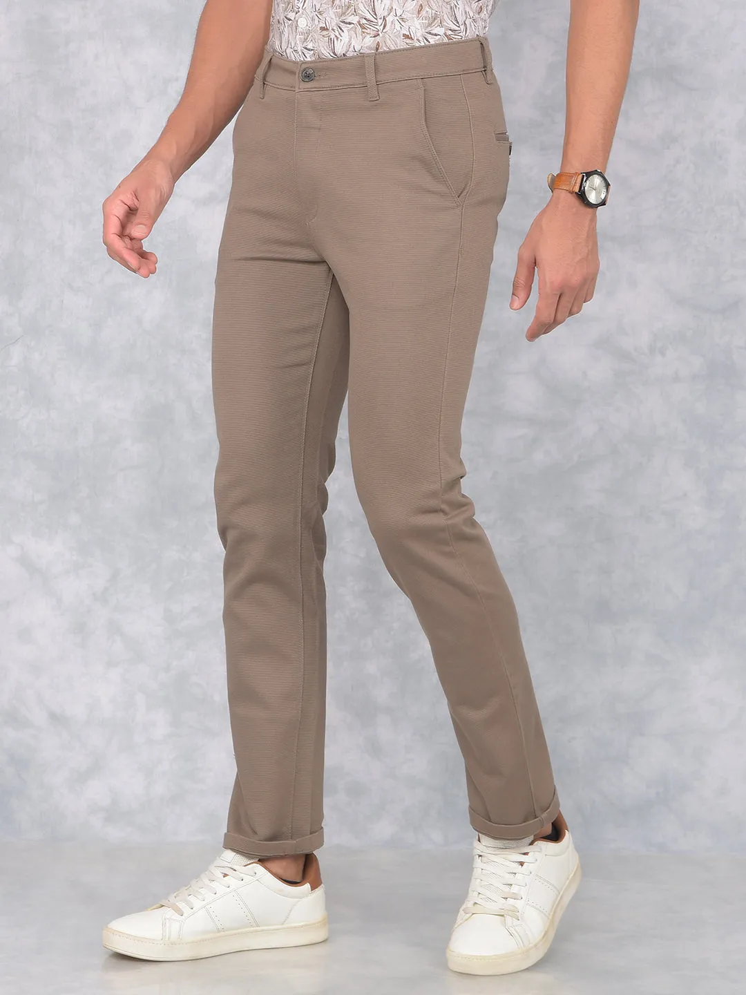 Brown Printed Straight Trousers