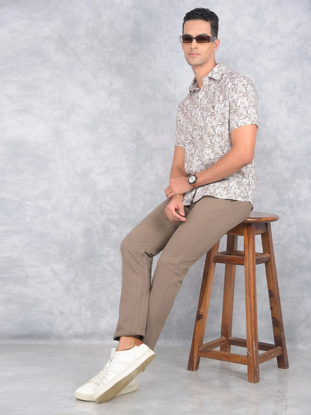 Brown Printed Straight Trousers