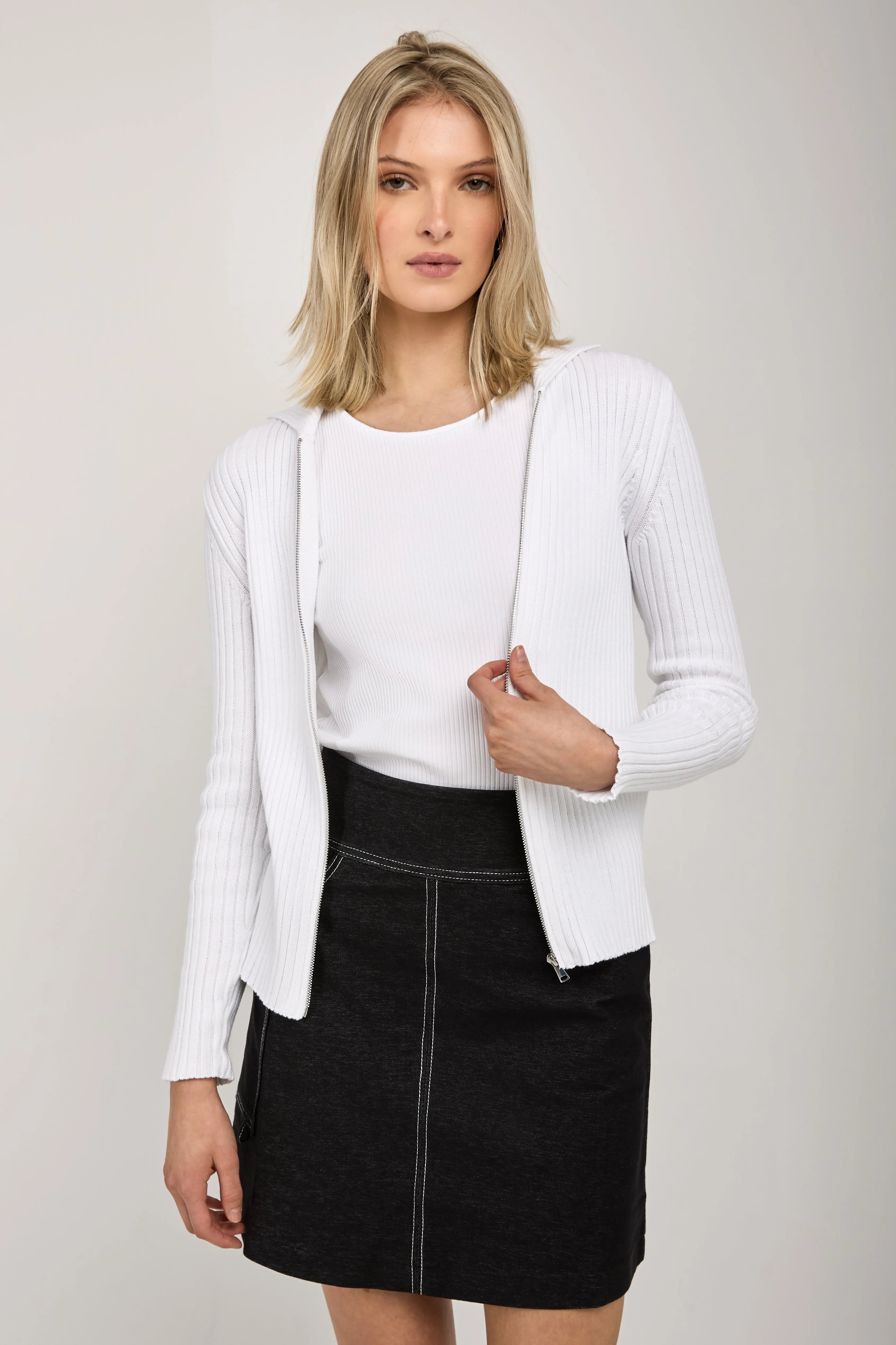 Calante Knit Zip-Up Cardigan in Optical White