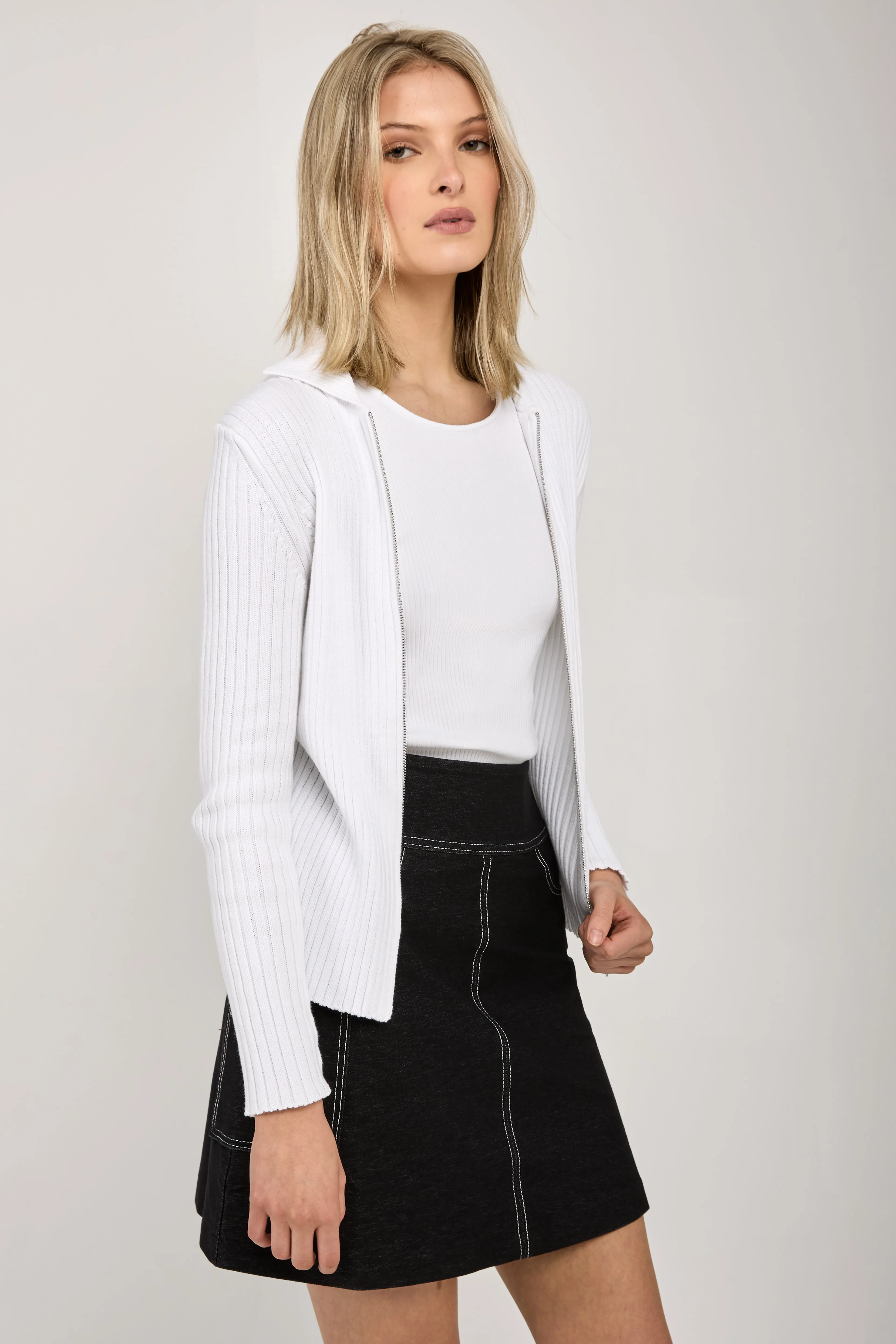 Calante Knit Zip-Up Cardigan in Optical White