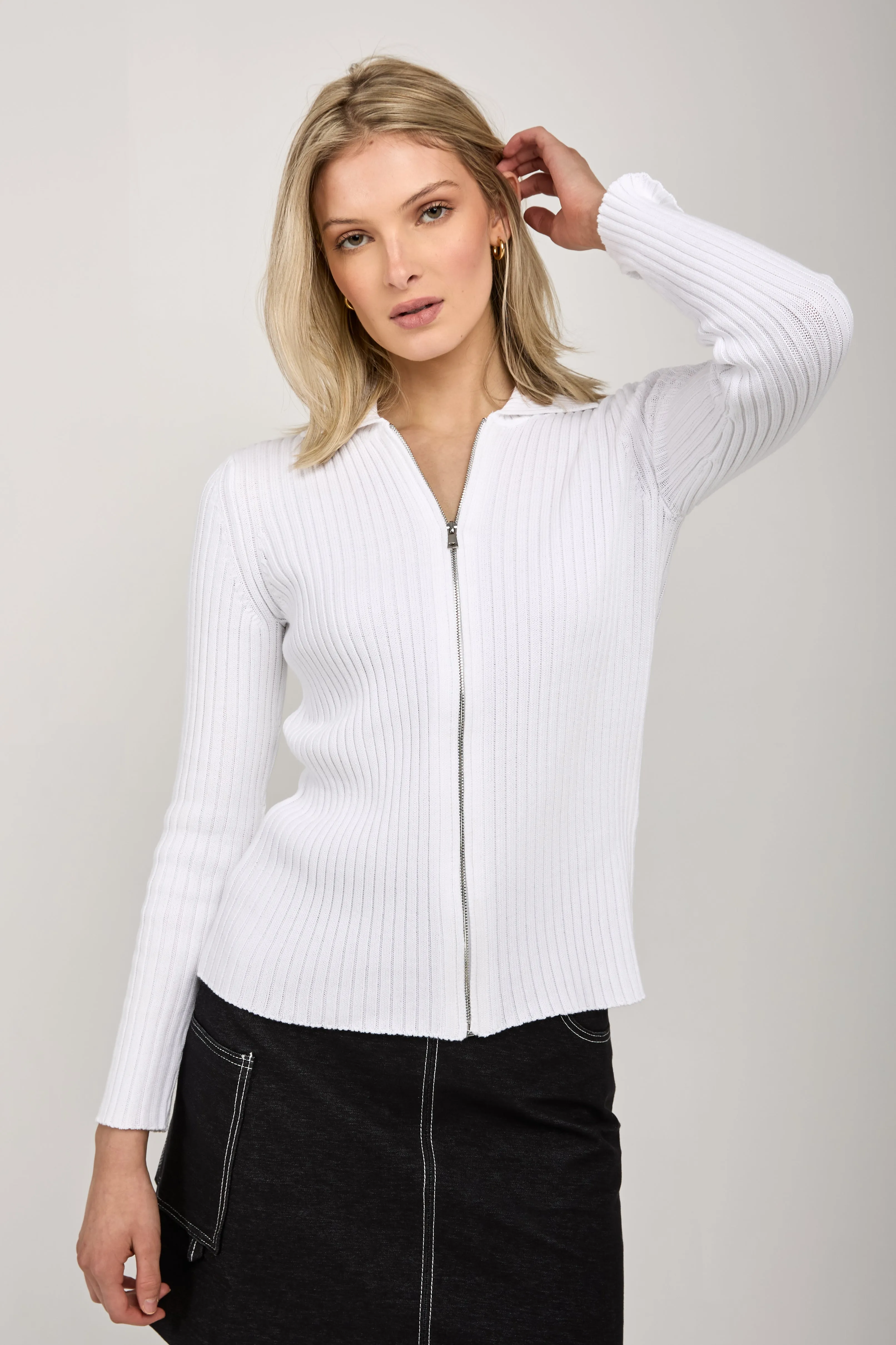 Calante Knit Zip-Up Cardigan in Optical White