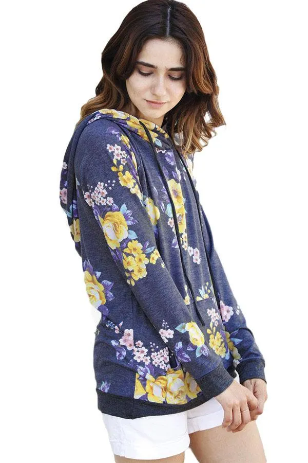 Casual Charcoal Yellow Floral Drawstring Hoodie