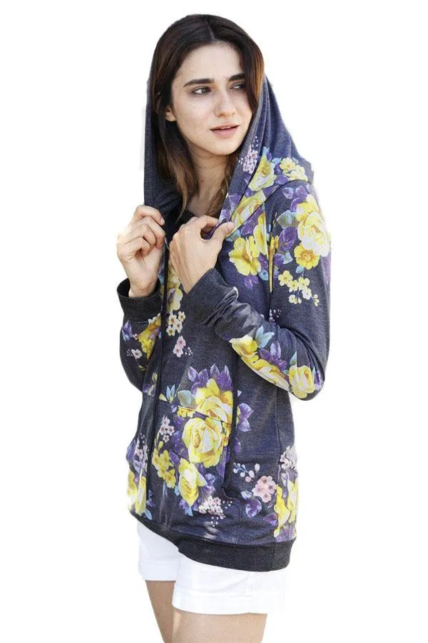 Casual Charcoal Yellow Floral Drawstring Hoodie