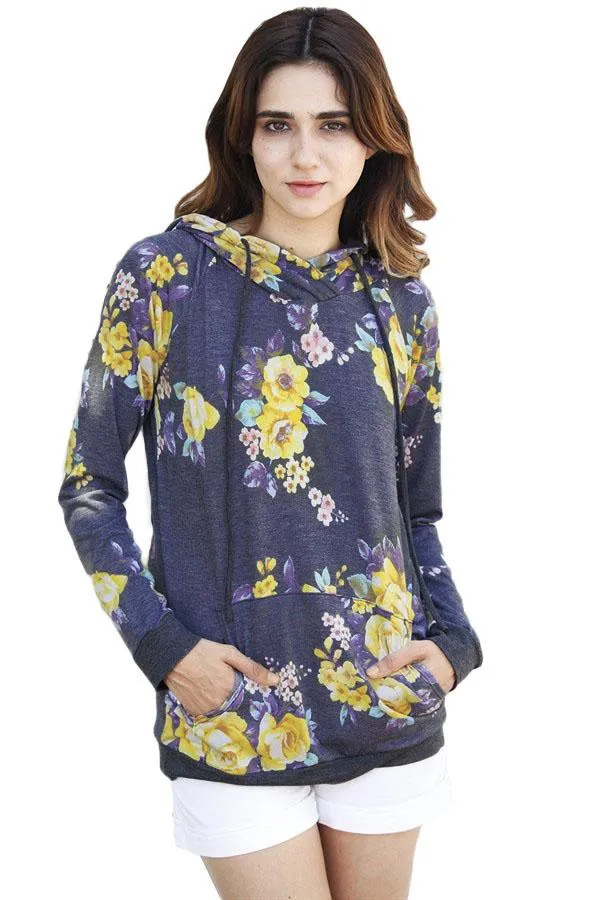 Casual Charcoal Yellow Floral Drawstring Hoodie