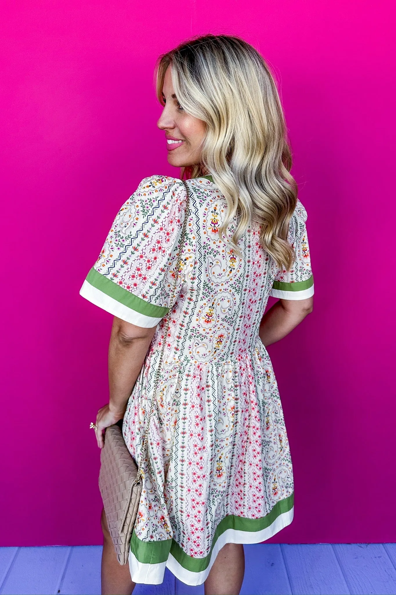 Color Block Trim Striped Floral Paisley Dress in Blush