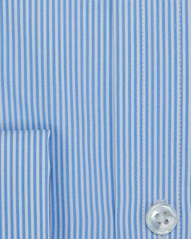 Contemporary Fit Blue Fine Bengal Stripe Cotton Poplin Shirt with Cut-away Collar & Double Cuff