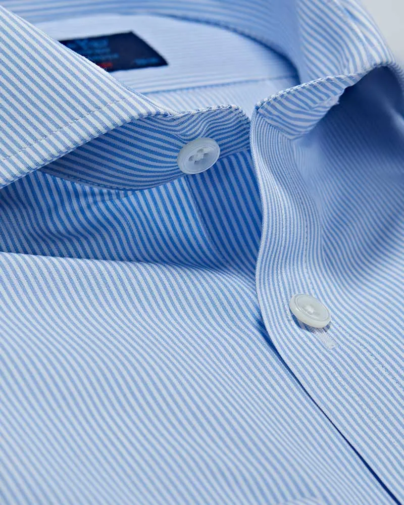 Contemporary Fit Blue Fine Bengal Stripe Cotton Poplin Shirt with Cut-away Collar & Double Cuff