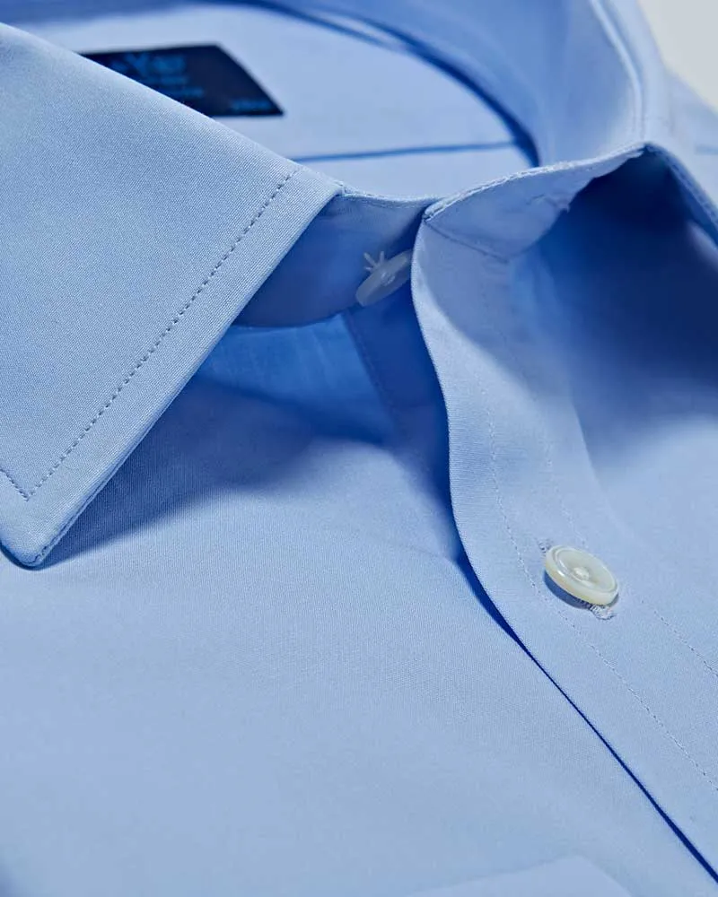 Contemporary Fit Plain Sky Blue Cotton Poplin Shirt with Classic Collar & Double Cuff