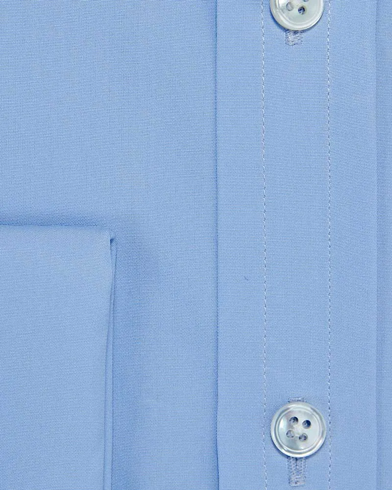 Contemporary Fit Plain Sky Blue Cotton Poplin Shirt with Classic Collar & Double Cuff