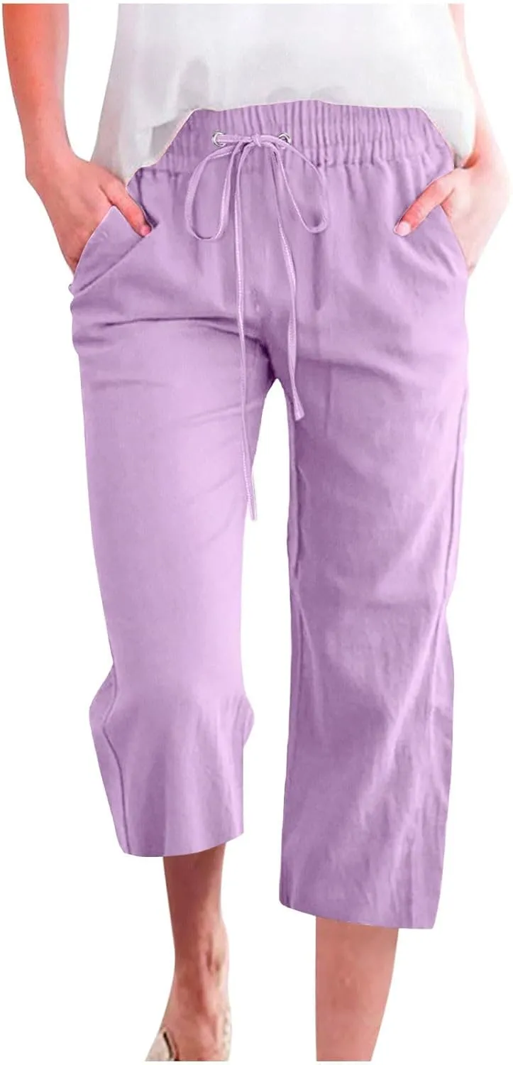 Cotton Linen Cropped Trousers Women Solid Color Wide Leg Capri Pants Elastic Waist Trouser Summer Casual Capris Pant