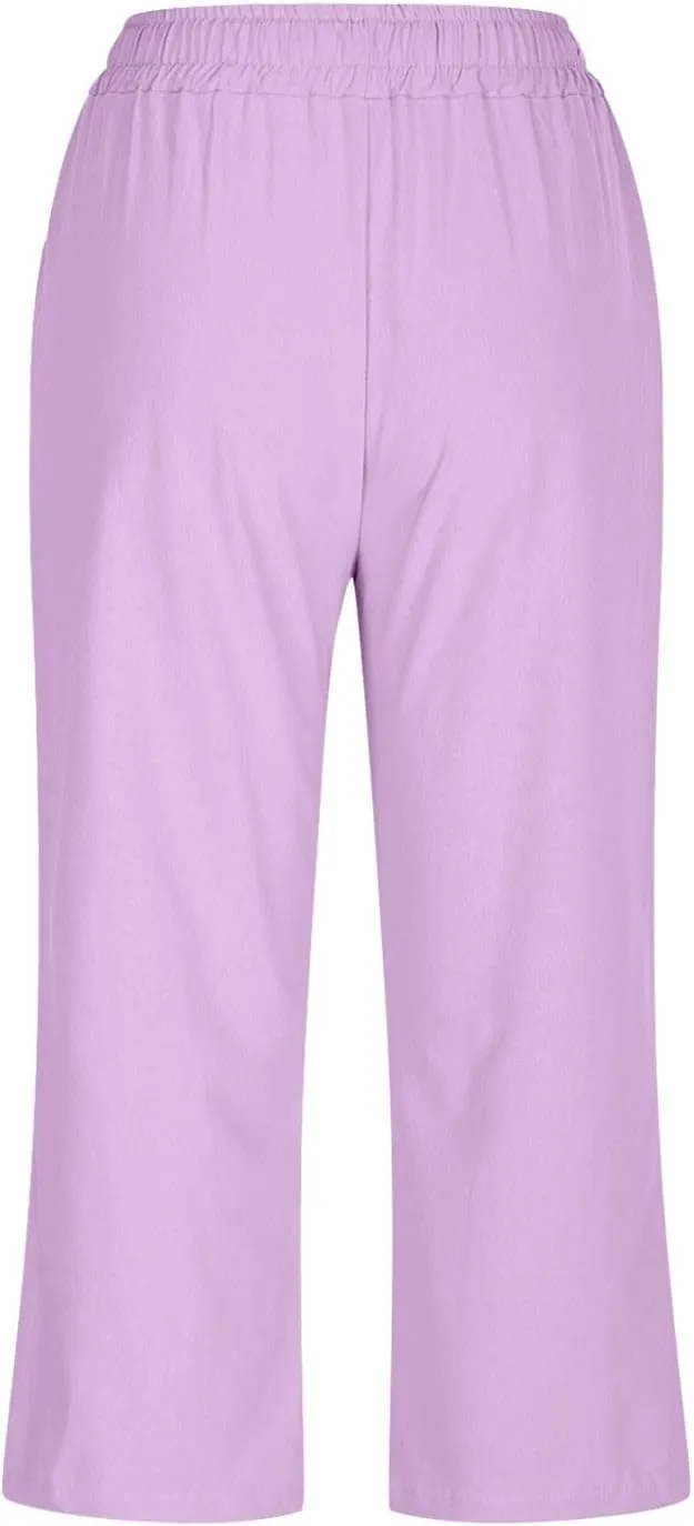 Cotton Linen Cropped Trousers Women Solid Color Wide Leg Capri Pants Elastic Waist Trouser Summer Casual Capris Pant