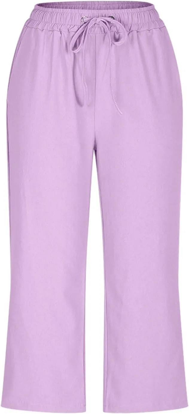 Cotton Linen Cropped Trousers Women Solid Color Wide Leg Capri Pants Elastic Waist Trouser Summer Casual Capris Pant