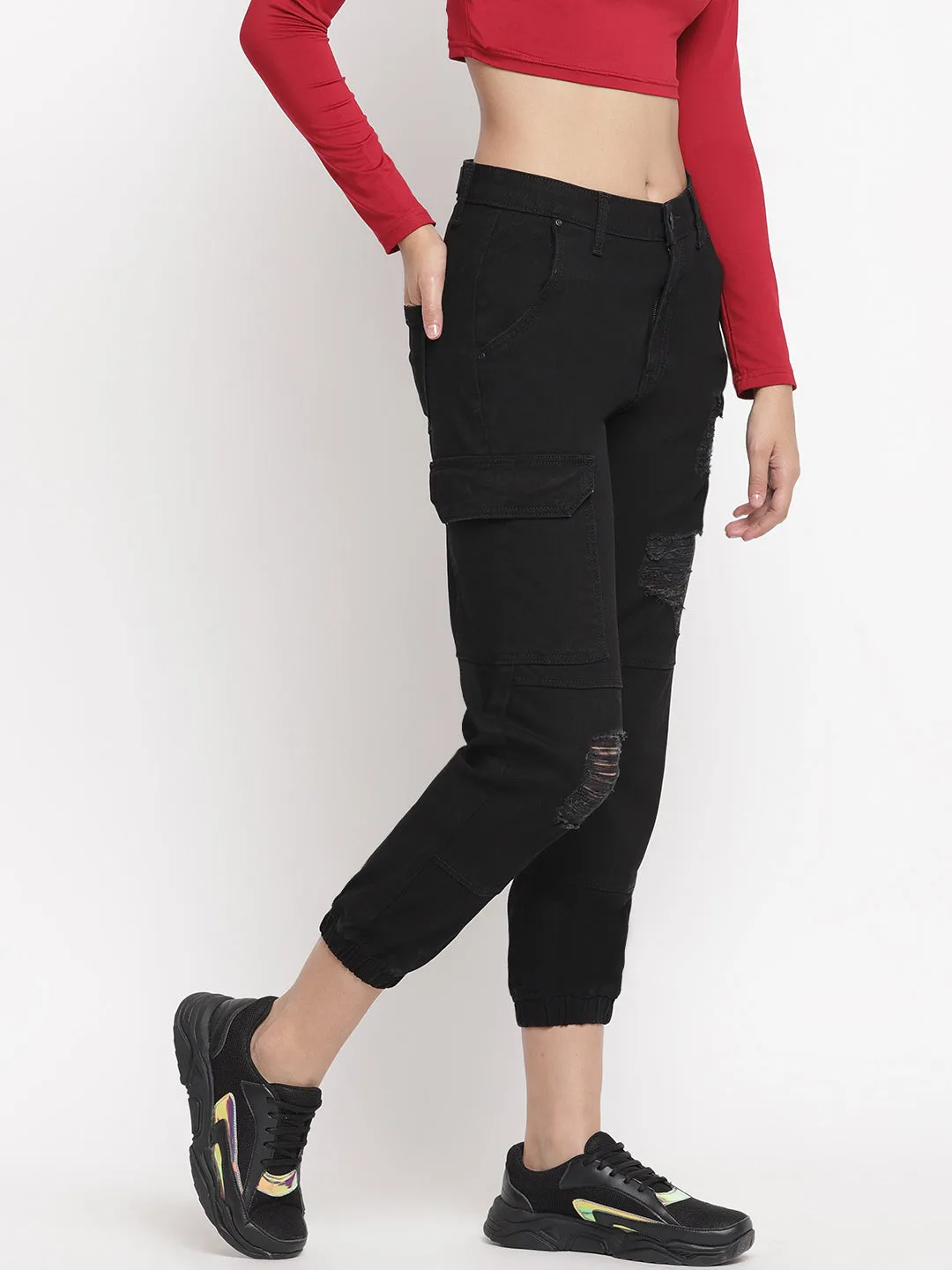 Distressed Black Denim Joggers