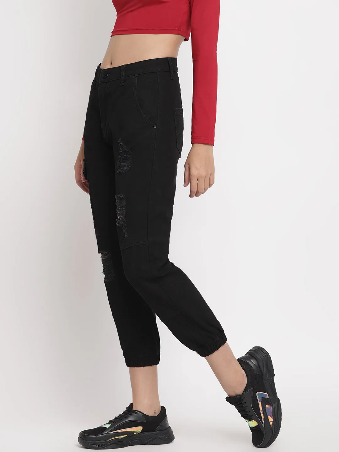 Distressed Black Denim Joggers