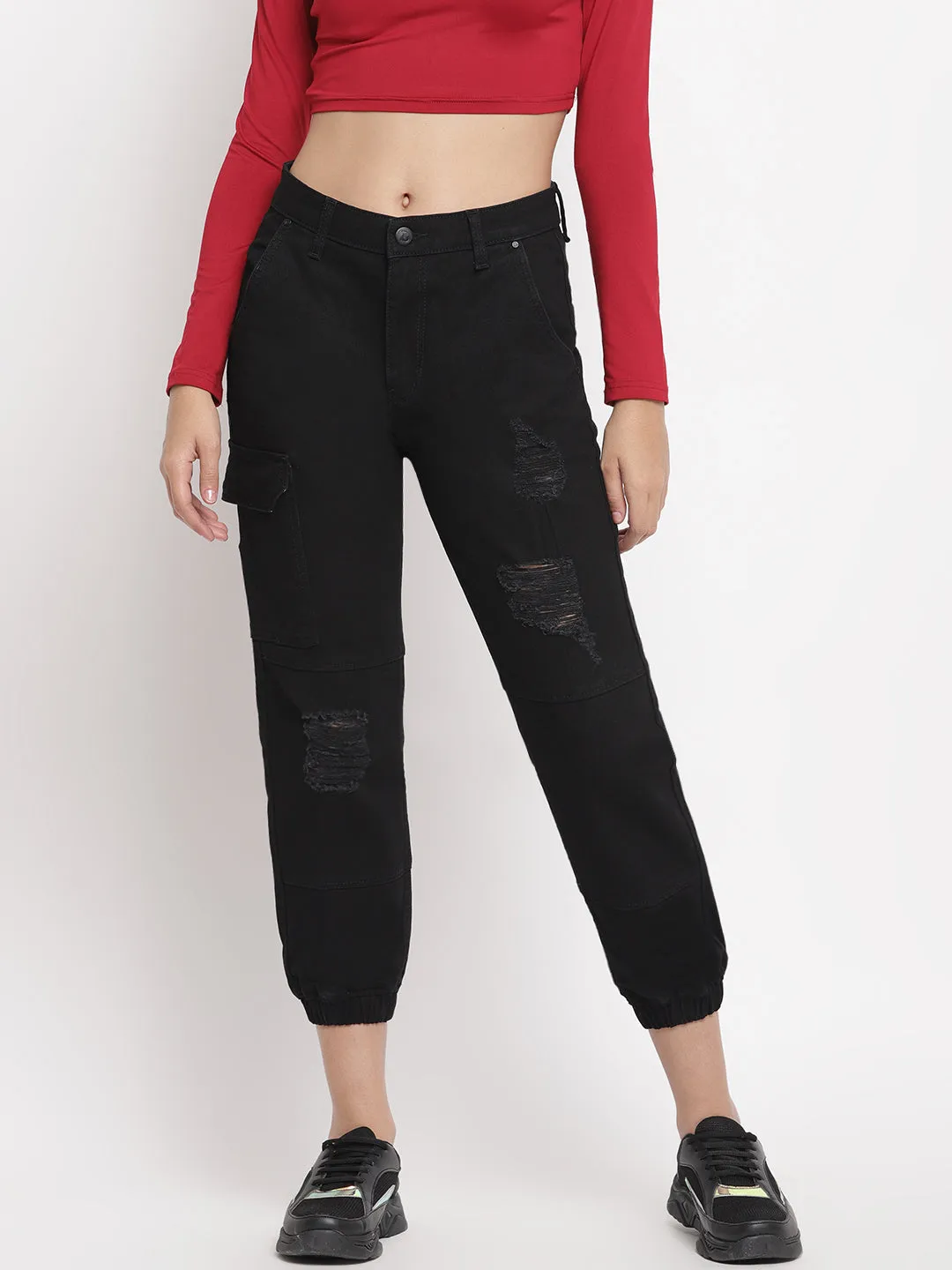 Distressed Black Denim Joggers