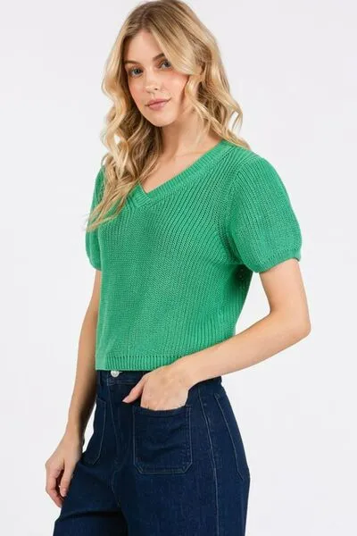 Emerald Green Knit Puff Sleeve Sweater – Chic & Cozy