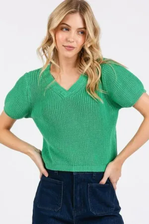 Emerald Green Knit Puff Sleeve Sweater – Chic & Cozy