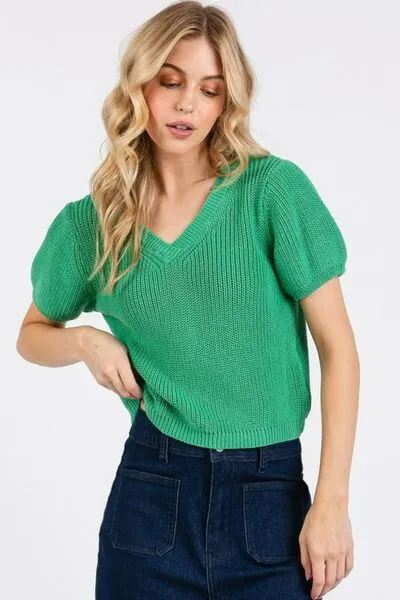 Emerald Green Knit Puff Sleeve Sweater – Chic & Cozy