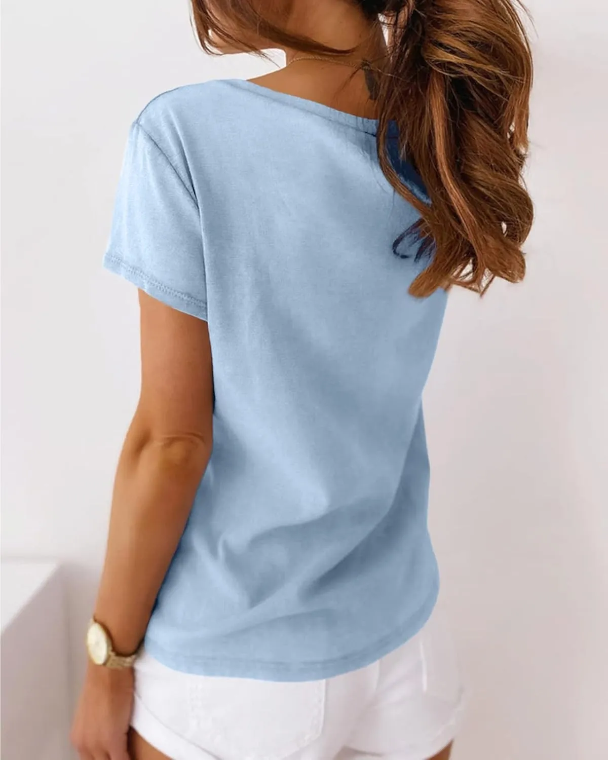 Eurivicy Women's Shirts Summer V-Neck Short Sleeve T-Shirts Casual Basic Plain Tee Tops with Pocket