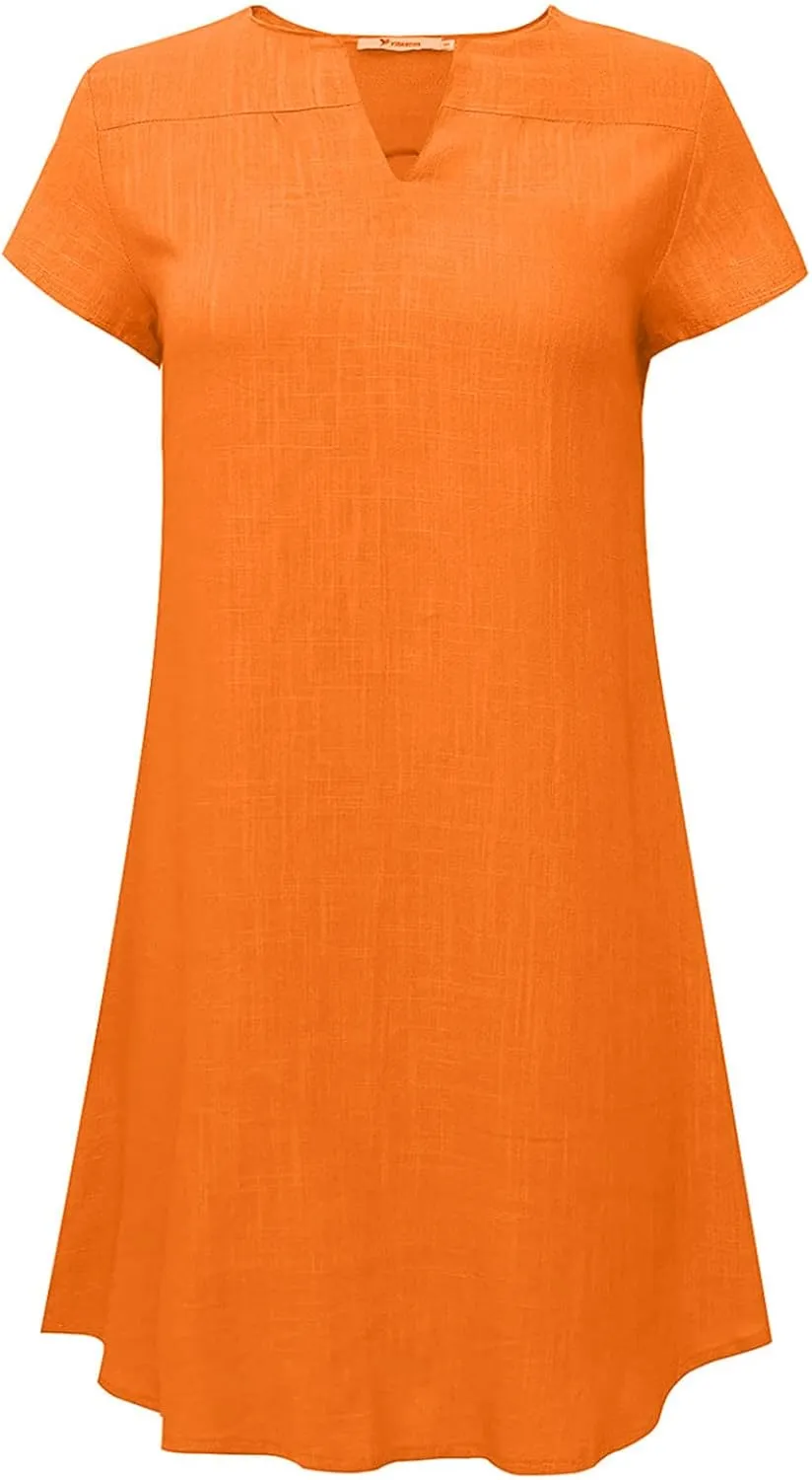 hlysgo Women's Casual Dresses Summer Loose Comfy Cotton Linen Vacation Mini Dress Plus Size Short Sleeve V Neck Beach Dress