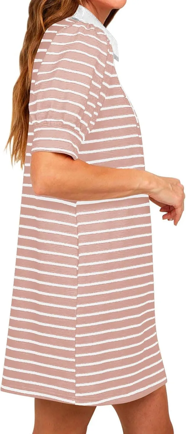 hlysgo Womens Summer Dresses 2025 Trendy Stripes Print Puff Short Sleeve V Neck Mini Dress Elegant Ladies Going Out Dress