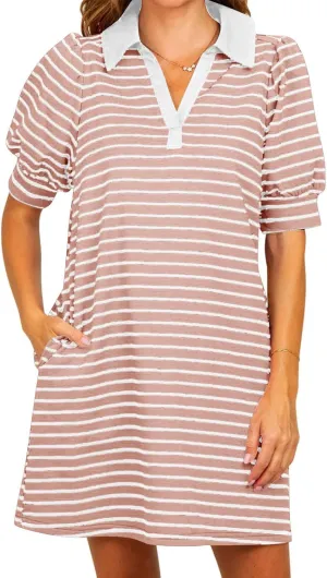 hlysgo Womens Summer Dresses 2025 Trendy Stripes Print Puff Short Sleeve V Neck Mini Dress Elegant Ladies Going Out Dress