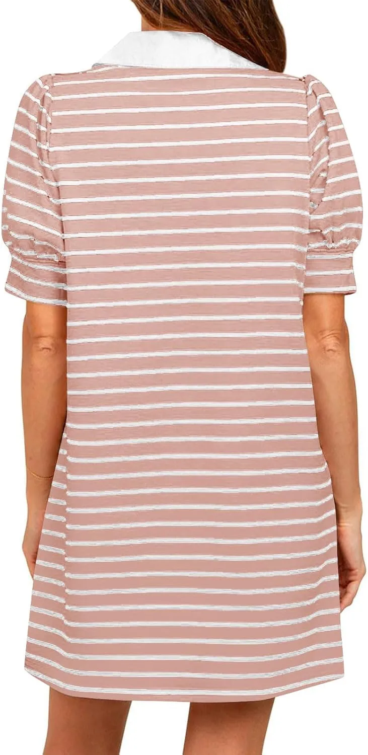 hlysgo Womens Summer Dresses 2025 Trendy Stripes Print Puff Short Sleeve V Neck Mini Dress Elegant Ladies Going Out Dress