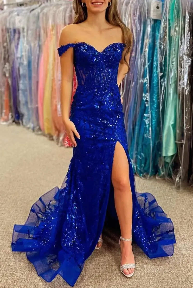 Hot Pink Mermaid Prom Dress 2025 with Sparkly Lace & Slit, Off the Shoulder – FD5005