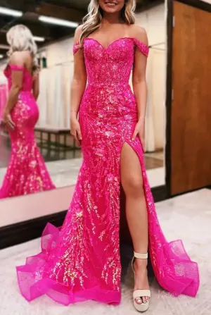 Hot Pink Mermaid Prom Dress 2025 with Sparkly Lace & Slit, Off the Shoulder – FD5005