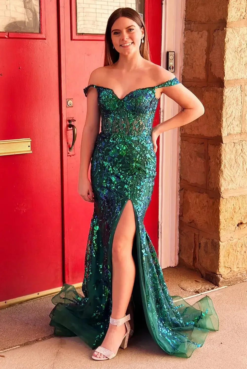 Hot Pink Mermaid Prom Dress 2025 with Sparkly Lace & Slit, Off the Shoulder – FD5005