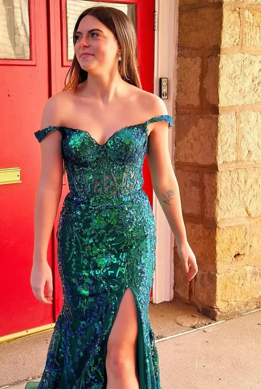Hot Pink Mermaid Prom Dress 2025 with Sparkly Lace & Slit, Off the Shoulder – FD5005