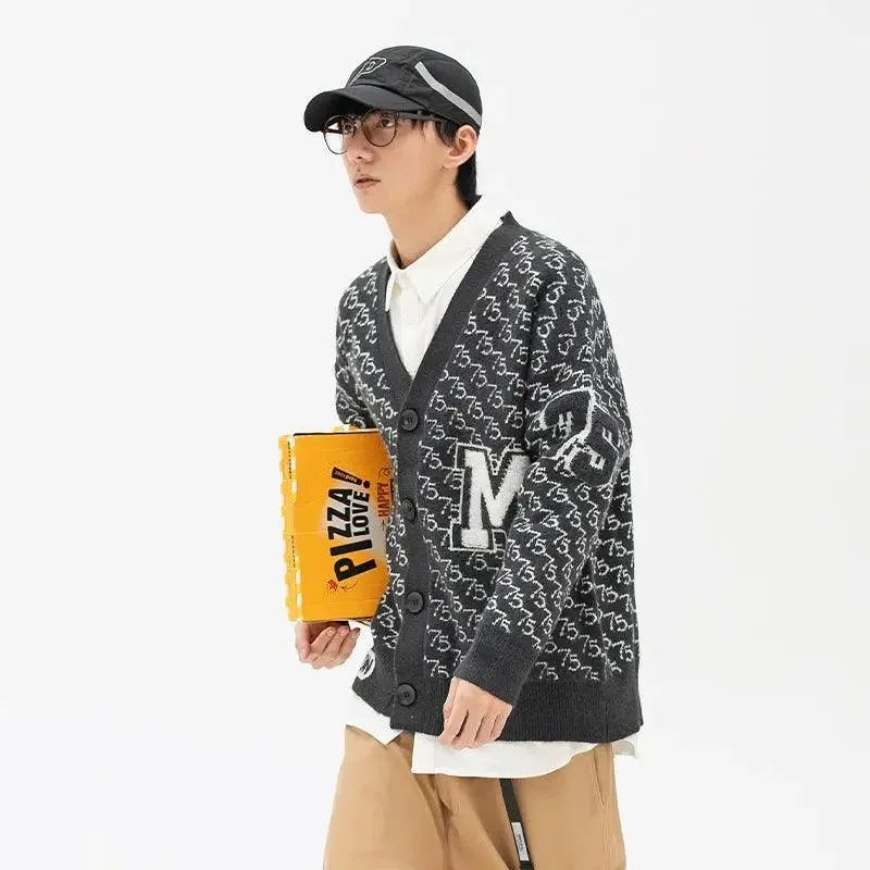 Jacquard Letter V-Neck Cardigan Sweater