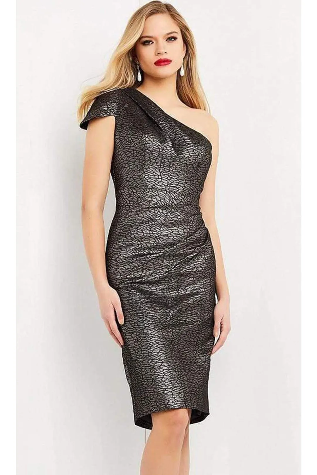Jovani 06834 - Metallic Jacquard Asymmetric Midi Dress