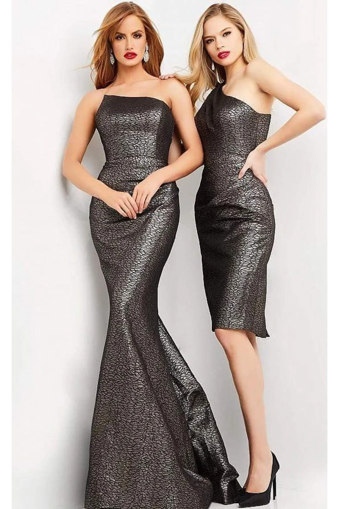 Jovani 06834 - Metallic Jacquard Asymmetric Midi Dress
