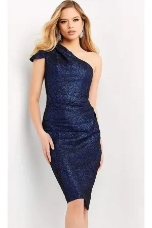 Jovani 06834 - Metallic Jacquard Asymmetric Midi Dress
