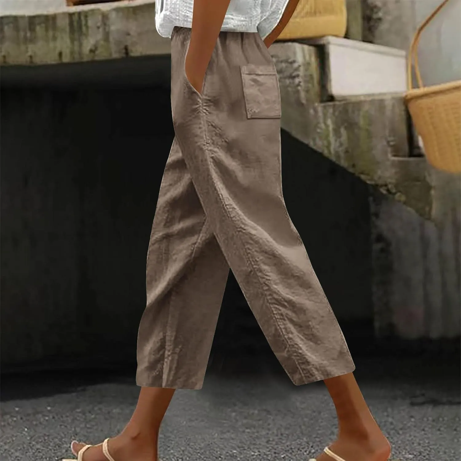 Lmdudan 2025 Summer Linen Capri Pants for Women High Waisted Drawstring Pant Comfy Soft Cropped Trousers Casual Beach Pant