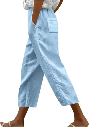 Lmdudan 2025 Summer Linen Capri Pants for Women High Waisted Drawstring Pant Comfy Soft Cropped Trousers Casual Beach Pant