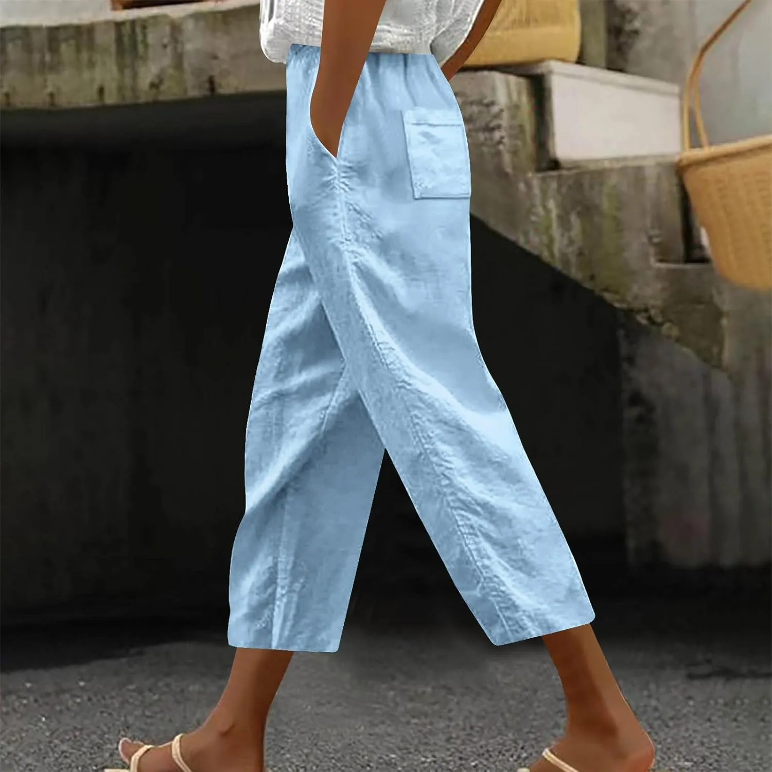 Lmdudan 2025 Summer Linen Capri Pants for Women High Waisted Drawstring Pant Comfy Soft Cropped Trousers Casual Beach Pant