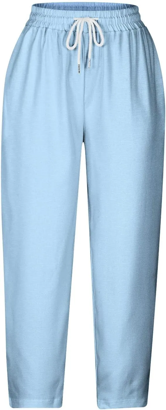 Lmdudan 2025 Summer Linen Capri Pants for Women High Waisted Drawstring Pant Comfy Soft Cropped Trousers Casual Beach Pant