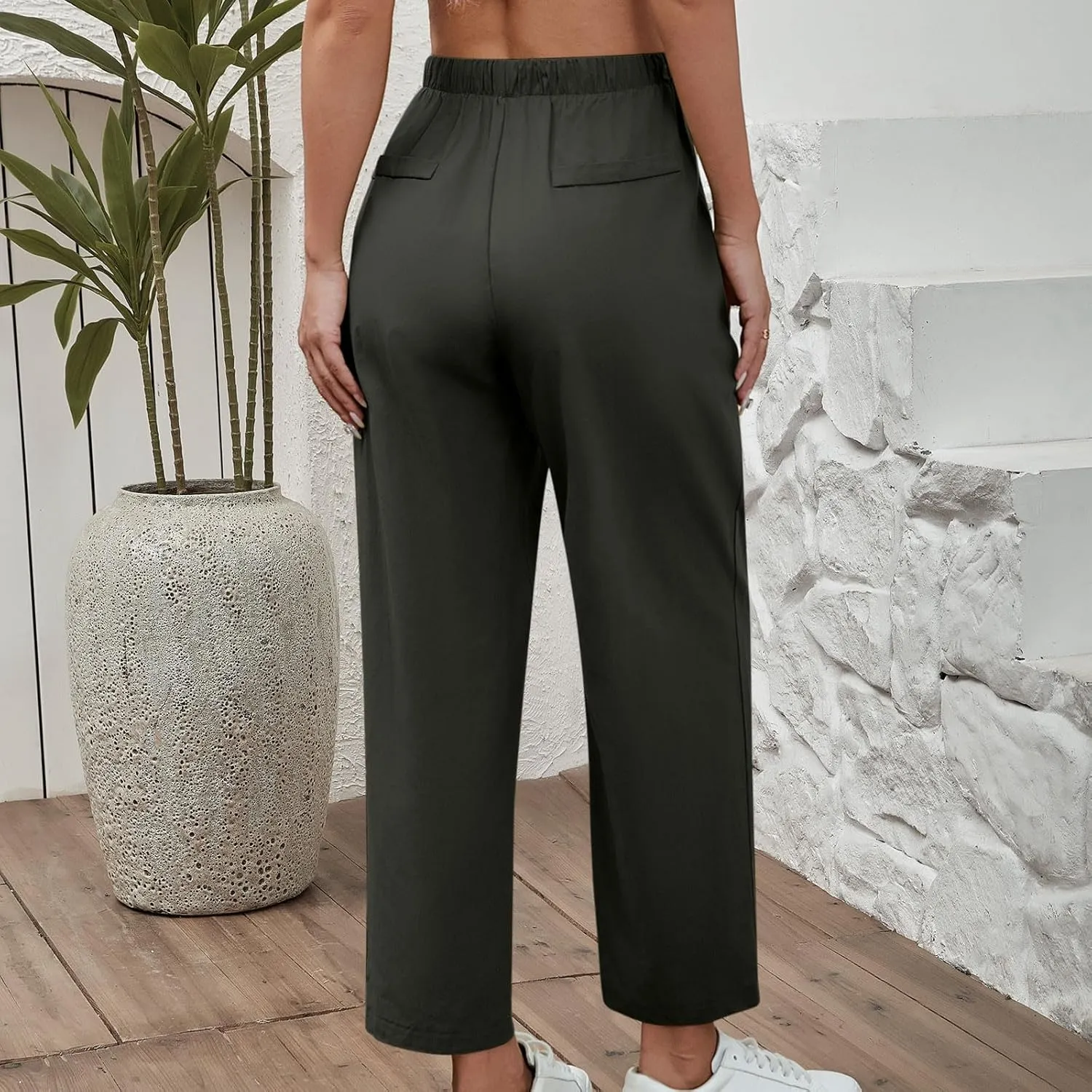 Lmdudan 2025 Women Casual Cotton Linen Pants Lightweight Summer Elastic Waist Beach Pants Plus Size Solid Lounge Long Trouser