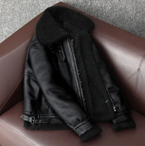 Men B3 RAF Bomber Aviator Flying Fur Shearling Real Leather Jacket Coat