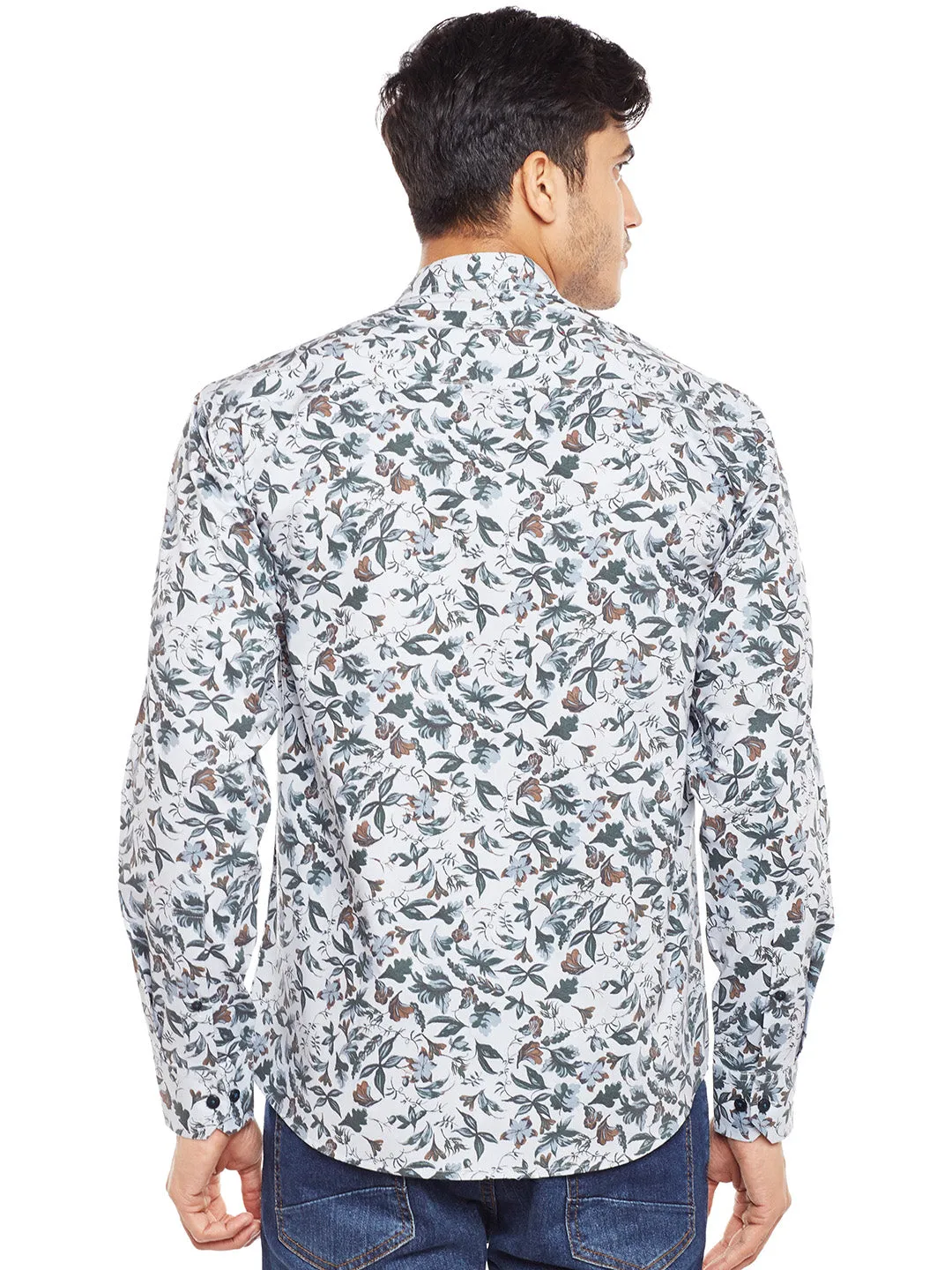 Men Grey Printed Pure Cotton Slim Fit Casual Shirt