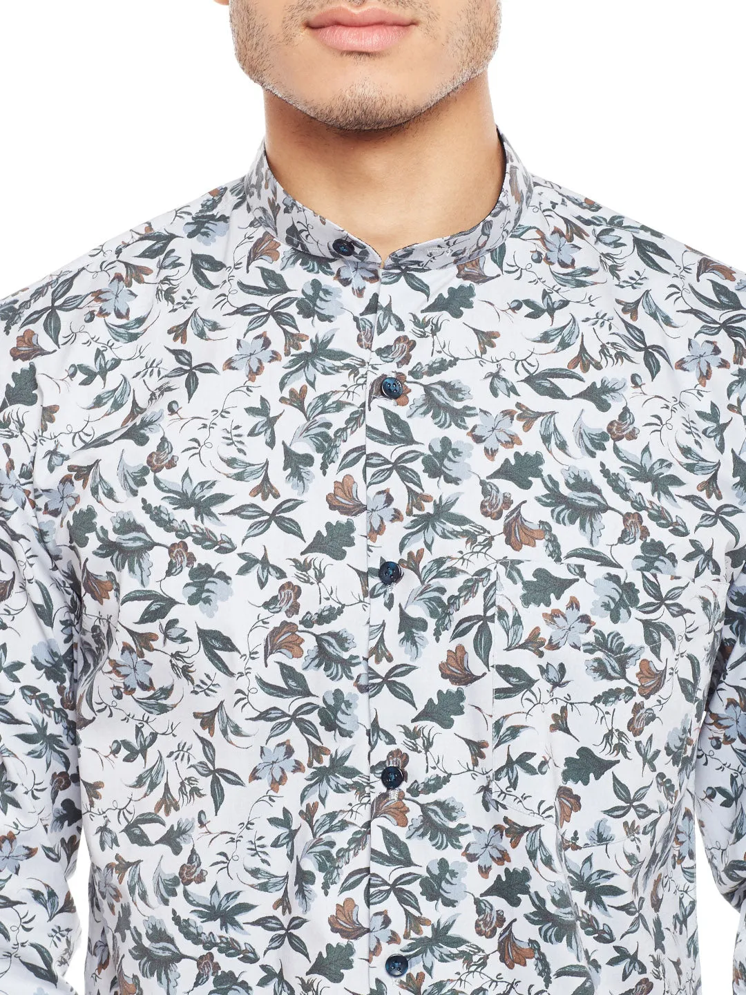 Men Grey Printed Pure Cotton Slim Fit Casual Shirt