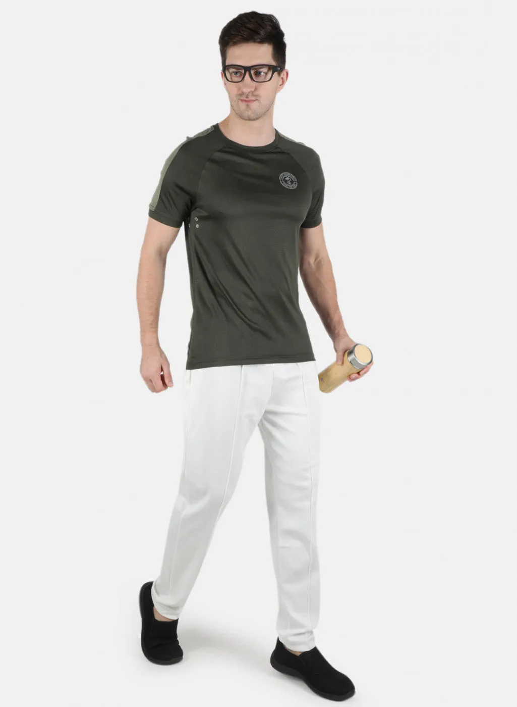 Men Olive Plain Round Neck T-Shirt