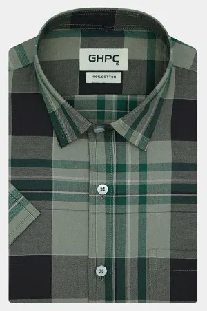 Men's 100% Cotton Half Sleeves Tartan Plaid Checkered Shirt (Green)
