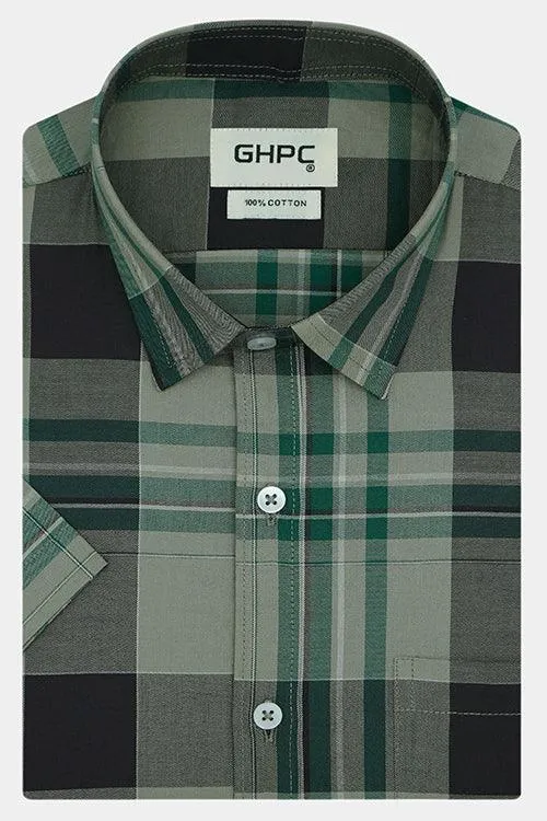 Men's 100% Cotton Half Sleeves Tartan Plaid Checkered Shirt (Green)