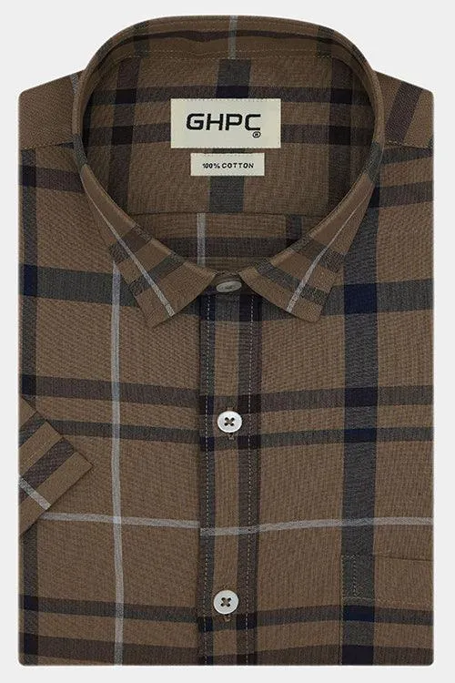 Men's 100% Cotton Plaid Checkered Half Sleeves Shirt (Brown)